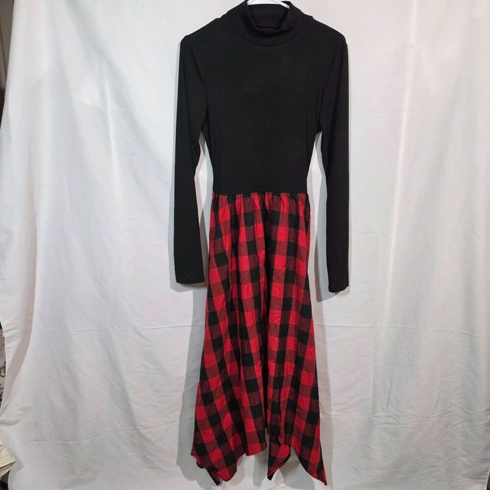 Cupshe Buffalo Plaid Midi Dress Black Mock Neck Red Check Long Sleeve NWT M